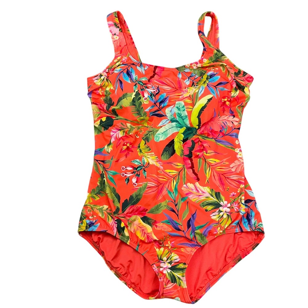 Lands' End 1 Pc Swimsuit Women 16P Orange Tropical Floral Lycra Tank Vivid Beach